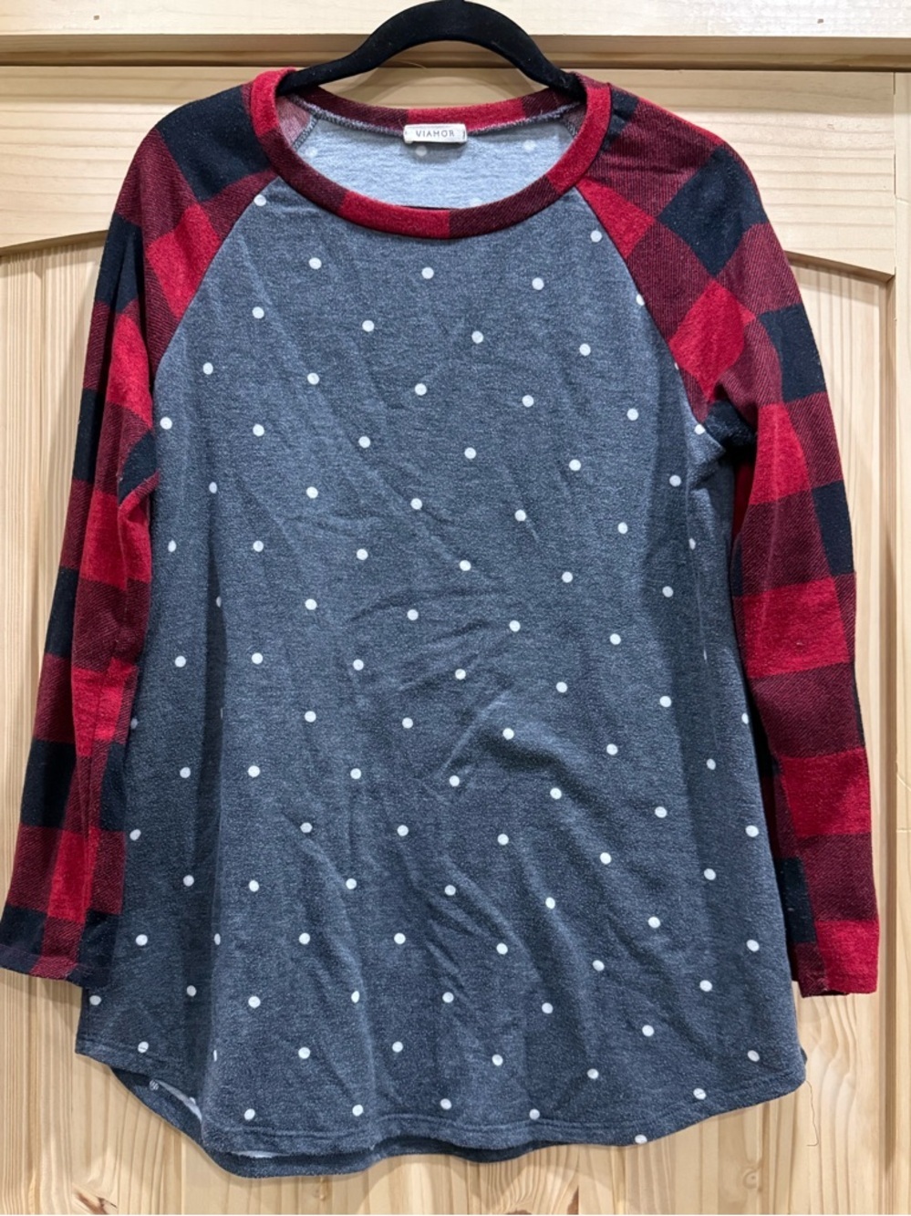 Women's Gray Polka Dot Top with Red Buffalo Plaid Sleeves